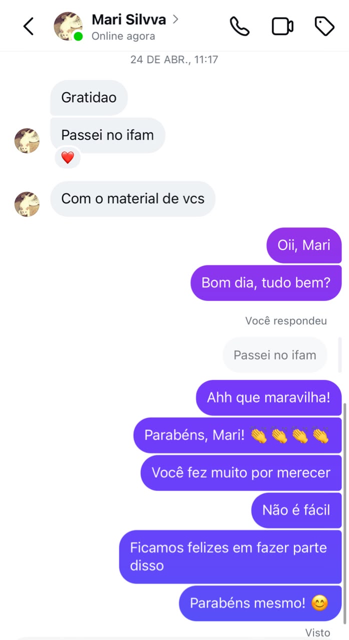 Print do depoimento de aprovação da aluna Mari Silvva no IFAM