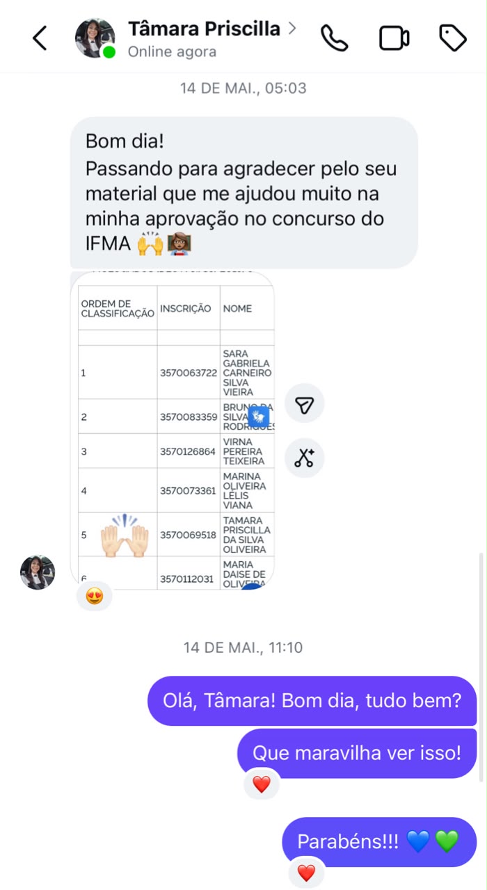 Print do depoimento de aprovação da aluna Tâmara Priscilla no IFMA